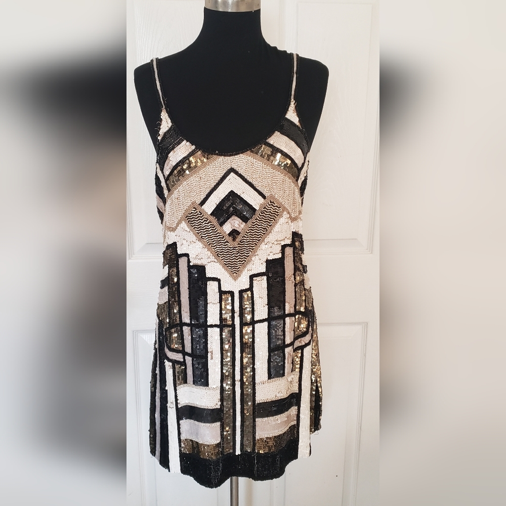 PARKER Art Deco Flapper style GATSBY SEQUIN MINI DRESS Tunic M 4 6
